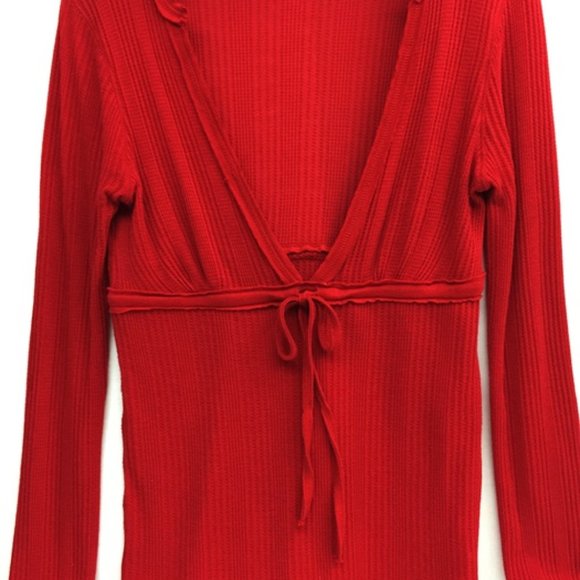 Womens Red V Neck Empire Top Long Sleeve Tie Bow M - Picture 2 of 7